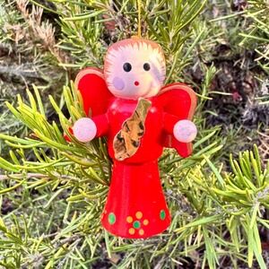 Vintage‎ Wooden Angel Christmas Tree Ornament Hand Painted Red Holiday